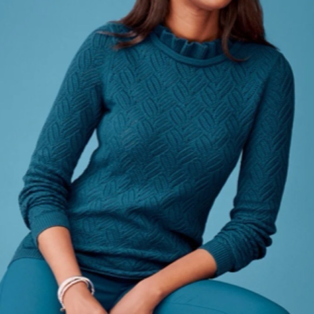 Talbots Wool Blend Texture Stitch Ruffle Neck Pullover Teal Blue Sweater SP